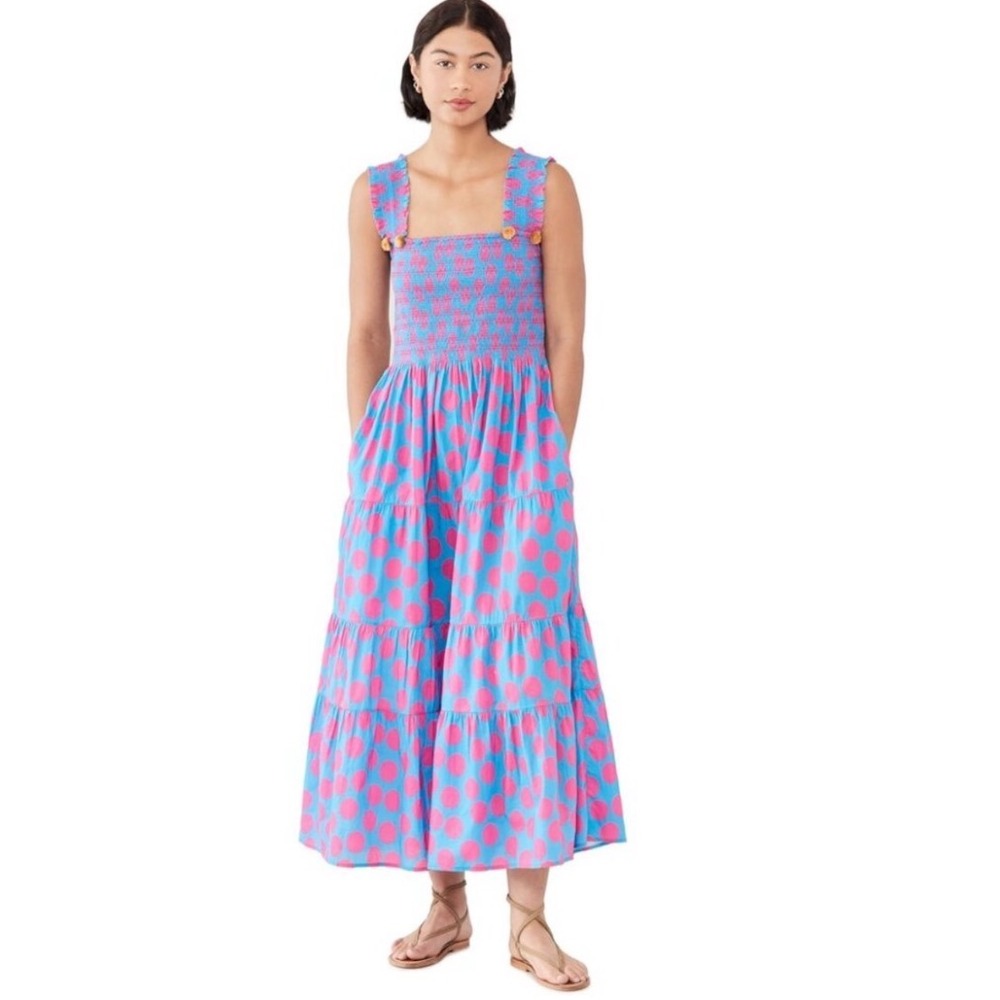 Figue Luella Dress Blue Polka dot Midi Smocked Pom Pom Size XS/S